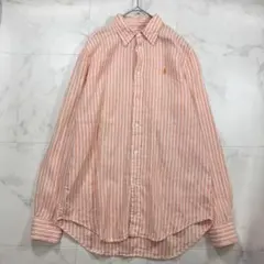 【美品】ラルフローレン リネンシャツ 麻100% ストライプ オレンジ S