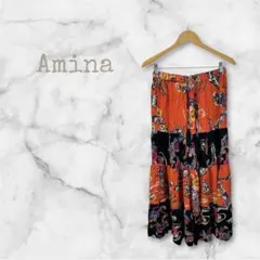 Amina アミナエスニック調 ティアード ロング丈アジアン柄オレンジ×ブラックのサムネイル