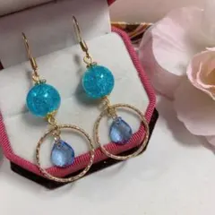 新品未使用 大きめブルーガラス玉×ブルードロップガラス ピアス