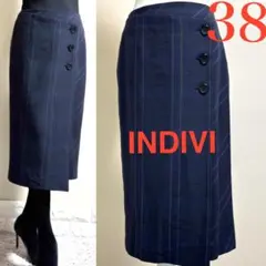 INDIVI インディヴィ　洗える　チェック　ラップ風　ロングスカート　M 濃紺