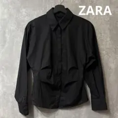 【美品】ZARA ザラ ウエストギャザー デザインシャツ 黒 赤ステッチ XS