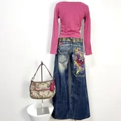 y2k❤️00s RED PEPPER 蝶 刺繍 ロゴ ローライズ フレアデニム