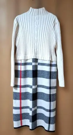 TRUBE リブニットチェック柄ロングワンピース