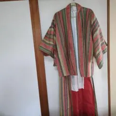ストライプ柄 着物 赤緑黒ベージュ　普通サイズ　羽織付き