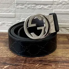 グッチ GG シマ インターロッキング バックル レザー ベルト シルバー 金具