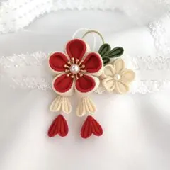 選べる3サイズ　つまみ細工のベビーヘアバンド　お食い初め　赤×アイボリー　初節句