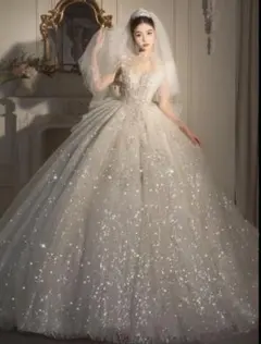 韓国風 ウェディングドレス キラキラ 長袖 プリンセスライン ロングトレーン