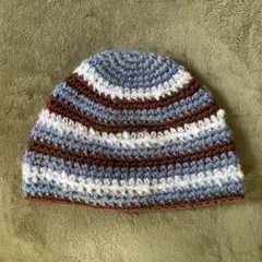 ストライプニット帽 編み物 ブルー 茶色 ハンドメイド