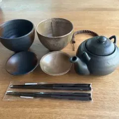 未使用　庫山窯 釉変りペア茶漬揃　お茶漬けセット　茶漬碗　急須　こざんがま　前畑のサムネイル