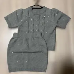 【美品】パール付き ニットセットアップ M グレー 半袖トップス×スカート 上品