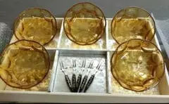 曽我ガラス　ベニス小鉢5個セット　黒柄フォーク付き　デザート　Glassware