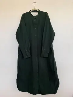無印良品　両面起毛フランネル スタンドカラーシャツワンピース　グリーン　М 長袖