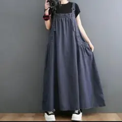 美品 ジャンパースカートロング デニム Aライン サロペット ゆったり F