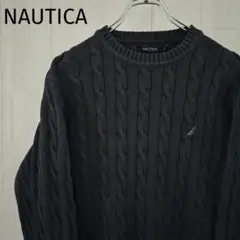 ノーティカ☆NAUTICA ケーブルコットンニット 刺繍ロゴ L 黒 0010