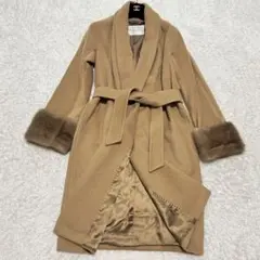 最高級キャメル100 マックスマーラ 白タグベルテッドコート ミンクファー 38