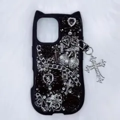 iPhone16ケース デコ電 デコケース 黒 猫耳 地雷系 ゴスロリ パンク