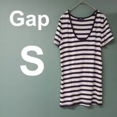 Gap ギャップ ボーダー柄 リブTシャツ カットソー Uネック パープル Sのサムネイル