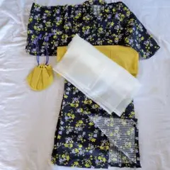 ネイビー花柄　ドレス浴衣　帯2枚　巾着付き　110cm　定価5,900円