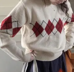 アーガイル柄ニットセーター ホワイト/レッド