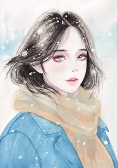 手描きイラスト　水彩原画　雪と女の子319 手描きイラスト 水彩原画 青色瞳の女の子318 - メルカリ