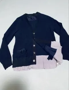 sacai ネイビー 夏ニットカーディガン 異素材裾フリル　麻混紡リネンM相当のサムネイル