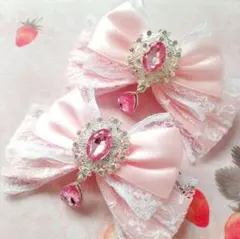 リボン ヘアクリップ 左右2個セット 量産型 地雷系 ライトピンク ドロップ