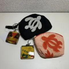 【新品・未使用】ハワイアンキルト ミニポーチ 2個セット ホヌ柄 キーホルダー付