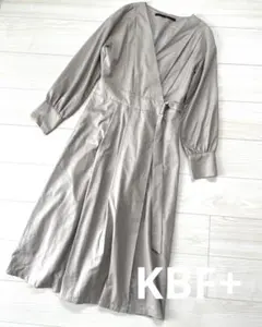 ☆KBF+☆カシュクール風 ワンピース ベージュ グレー 長袖 フレアワンピース