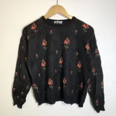 ヴィンテージ 花柄 総柄ニット セーター レトロ 古着 ブラック M