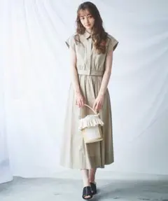 ベージュ シャツドレス マキシ丈 ノースリーブ