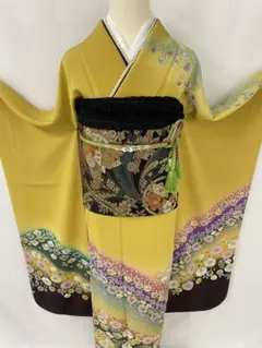 美品 正絹 マスタードカラー無地振袖 金糸縫紋 比翼付 7点フルセット 