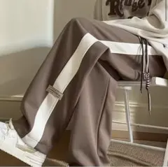 ブラウン サイドストライプ ワイドパンツ