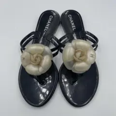 CHANEL シャネル カメリア トングサンダル 36 ブラック×ホワイト