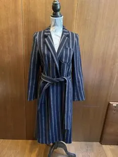 美品　Basile28 ストライプロングコート M サイズネイビー　共ベルト付き