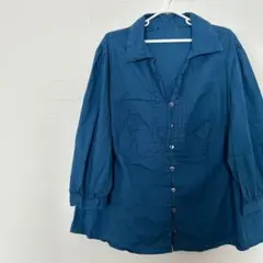 一点物❣️ アメリカ古着 青 長袖シャツ ブラウス ビンテージ