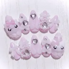 No.799　ネイルチップ 現品 量産型 地雷系 サブカル 平成女児 猫 ピンク