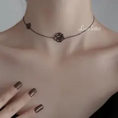 No.374A ブラックローズチョーカーネックレス 韓国 薔薇 華奢 地雷