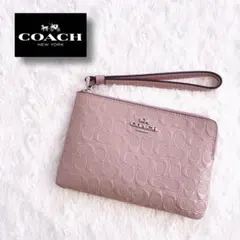 COACH エンボス エナメル リストレット ポーチ ピンク×シルバー