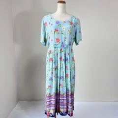 花柄 フラワープリント ウエストリボン 半袖 ロングワンピース ドレス Y798