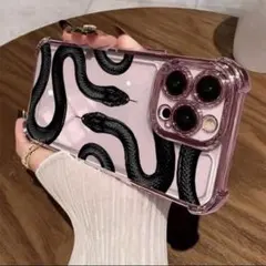 iPhone14ケース カートゥーン黒蛇柄 ピンク iPhoneクリアケースのサムネイル