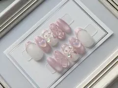 マグネット ピンク キルティング ネイルチップ 春 フレンチ リボン ガーリー