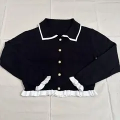 配色フリルショート丈カーディガン ブラック Mサイズ