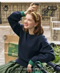 配色ボリュームスリーブスウェットライクニット　ネイビー