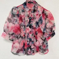 ★海外古着 フラワープリント シースルー ブラウス 【M】 バルーンスリーブ