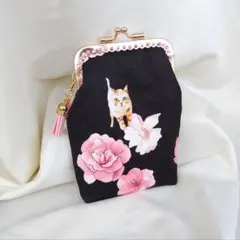 猫ちゃんと薔薇 がま口☆マルチポーチ/タバコ入れ