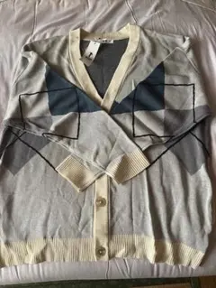 ダイヤモンドパターン カーディガン グレー　ブルー春服