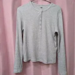 最終値ユニクロ リブヘンリーネックTシャツ 長袖 グレーX L