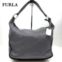 FURLA ショルダーバッグ シボ革 シルバー金具 大容量 ダークグレー