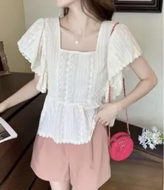 新品　ペプラムブラウス　レースカットソー　甘め　糖度高め　韓国　フリル袖
