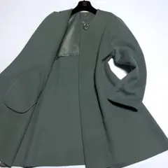 LEVANT ノーカラー ロングコート レトロボタン ラム混 緑系 ストール付き
